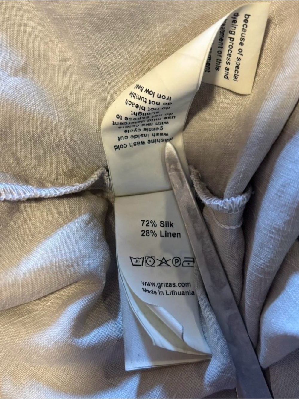 GRIZAS Silk Linen Balloon Dress L Beige Taupe Short Sleeve Pockets Crinkle Midi - Picture 6 of 6